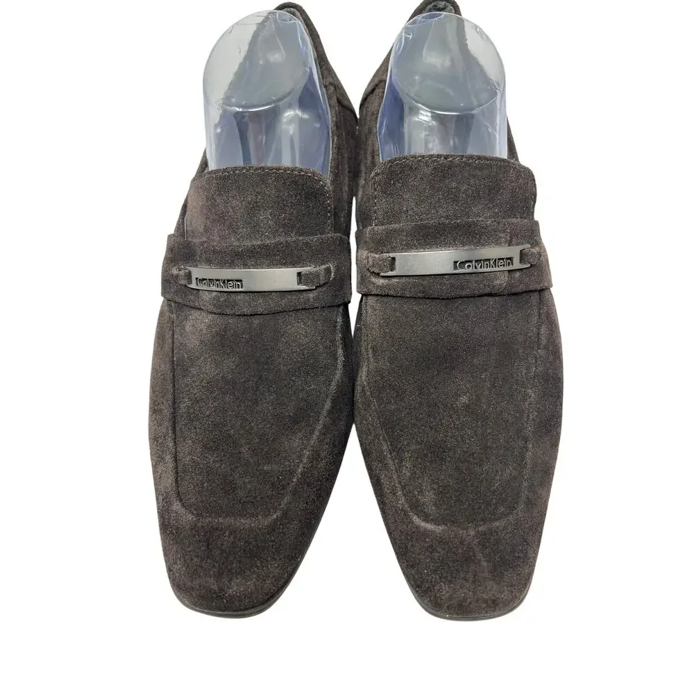 Calvin Klein Men's Brice Suede Slip-on Loafer in Dark Brown w Metal Buckle 9.5